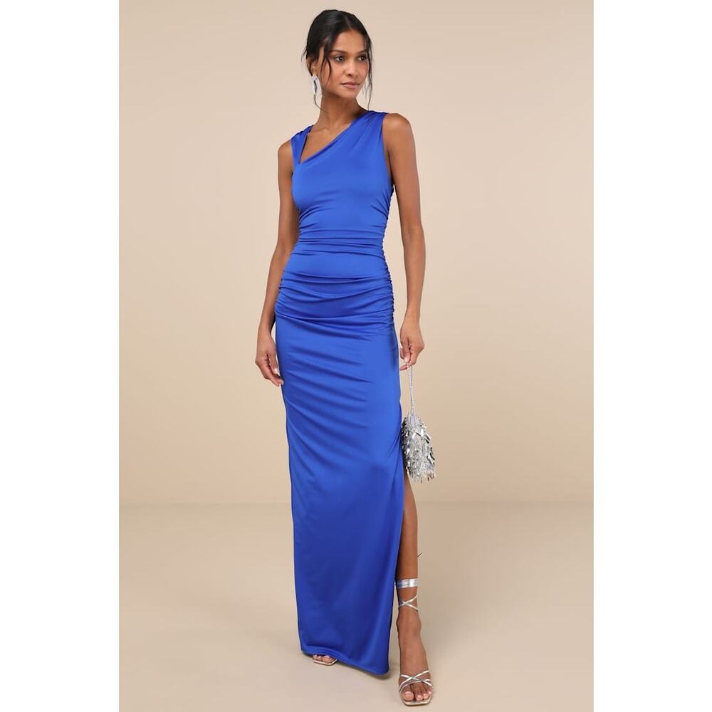NWT Lulus Enticing Darling Royal Blue Asymmetrical Ruched Maxi Dress Gala Sz S
